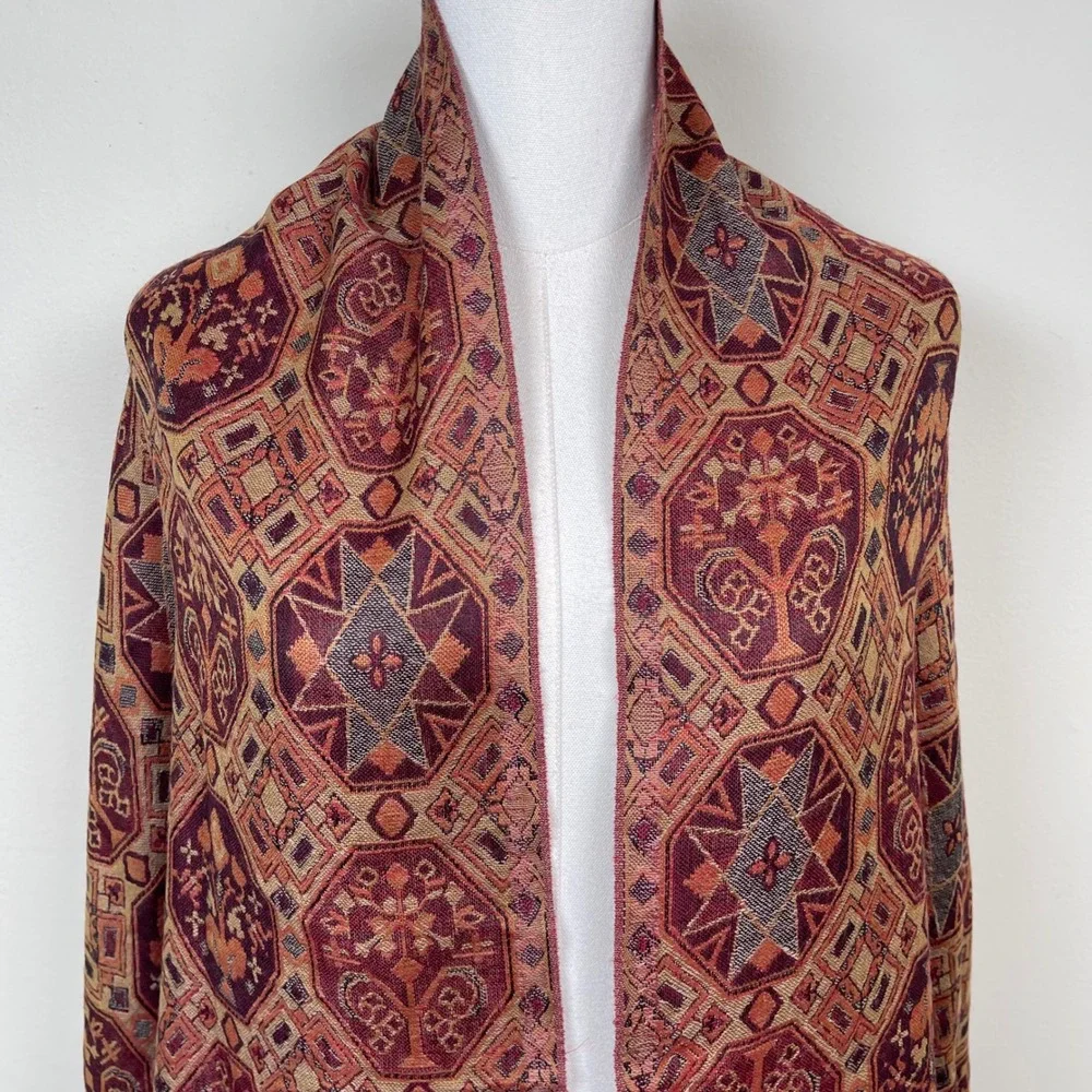 Vintage Pure Wool Pashmina Geometric Medallion Fringed Shawl Wrap Red Brown Gold